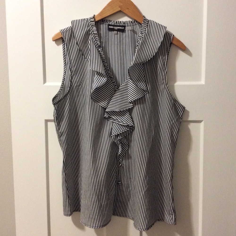 Karl Lagerfield sleeveless Navy & White ruffle front dress shirt - W's Large